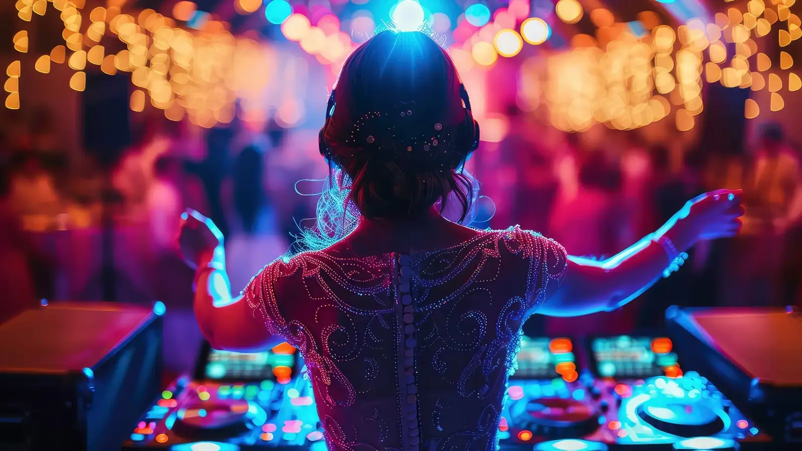 bride addressing crowd from DJ table