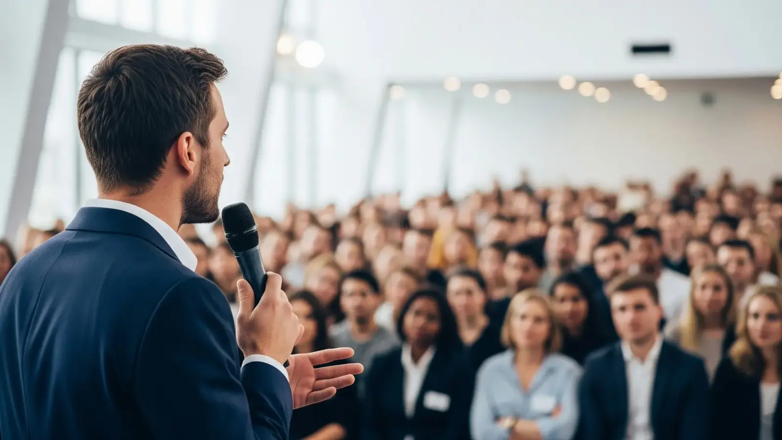 man in suit speaking to room filled with business men and women