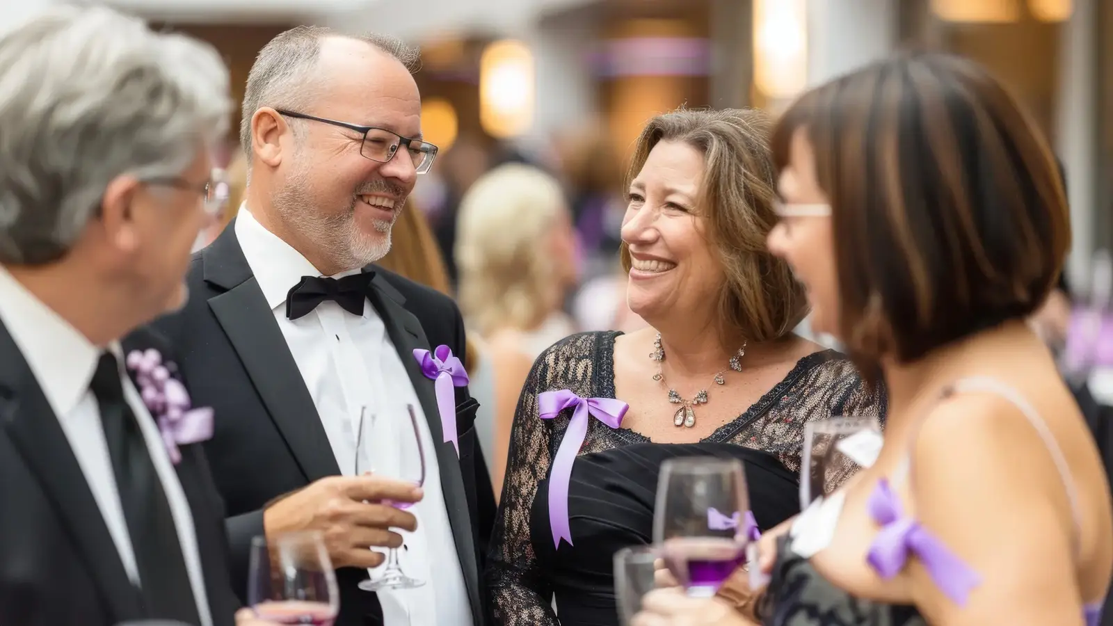 men and women wearing purple ribbons at event